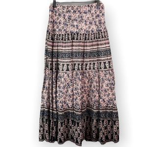 Chaps Floral Paisley Plisse Midi Skirt Bohemian Full Tiered Ruffled Size S